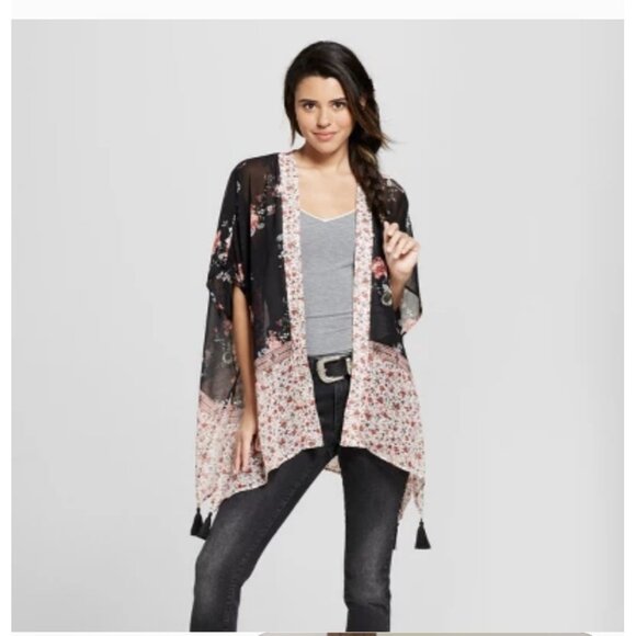 Xhilaration Womens Kimono Floral Print Fringe Open Front 3/4 Sleeve Sheer Sz M/L - Picture 1 of 6